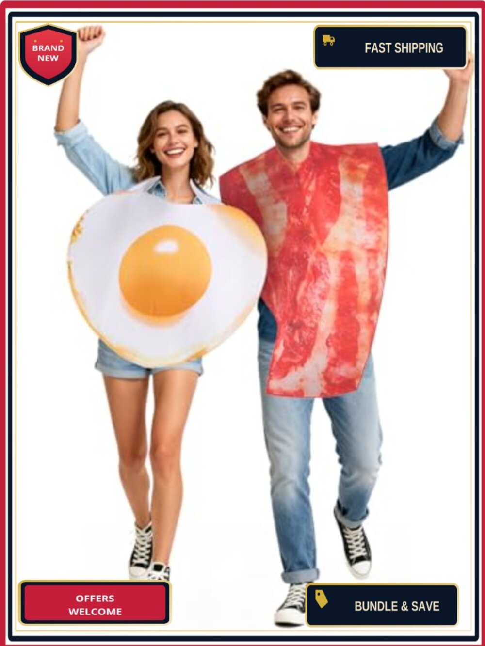 2PC Couples Bacon & Eggs Halloween Costume Adult One Size Plus